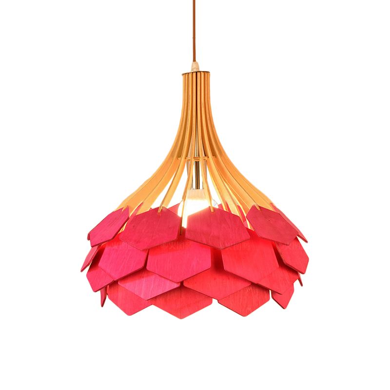 Pin Cône Hanging Lightture Modern Style Wood 1 Bulbe Red / Blue Pendant lampe pour salle à manger