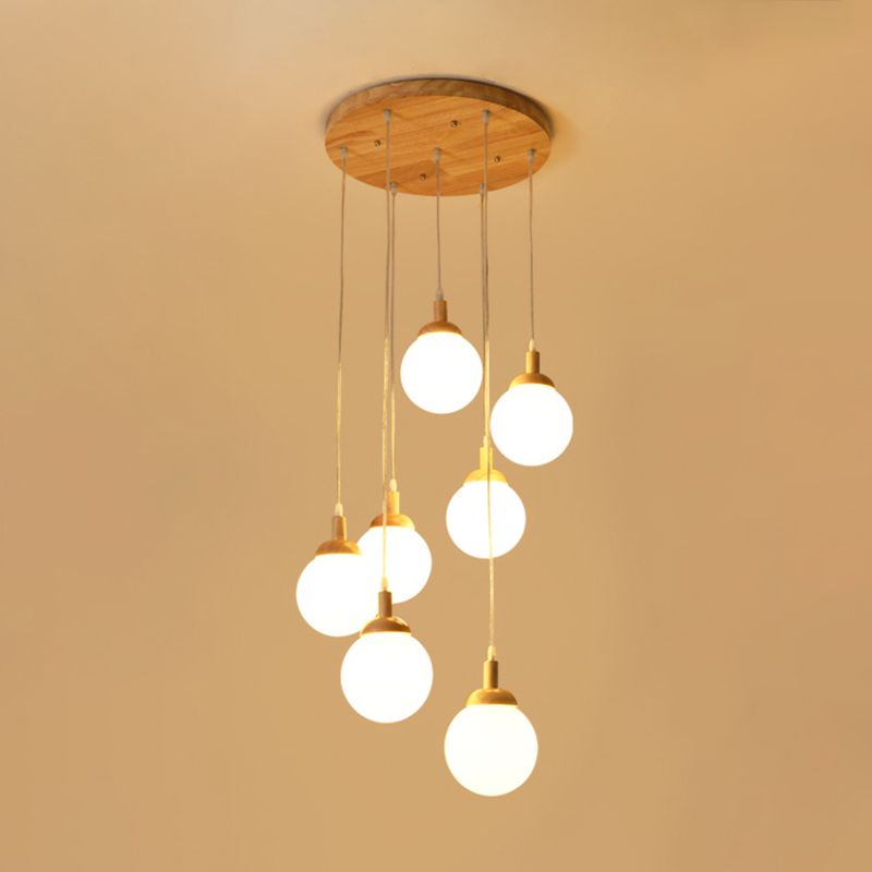 Spiral Stair Ceiling Pendant Simple Wood Multi Hanging Lamp with Ball White Glass Shade