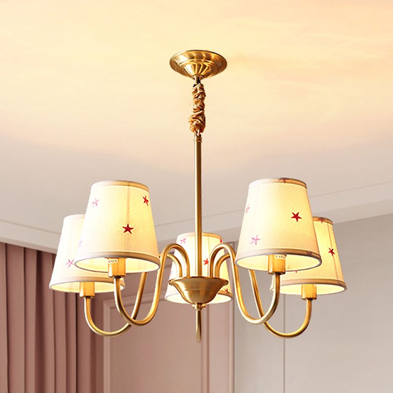 Traditional Style Chandelier Light Fabric Shade Brass Lighting Fixture for Living Room