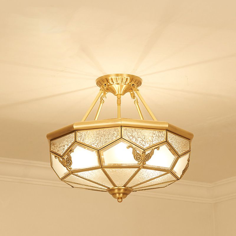 Vintage Dome Shaped Flush Light Frost Glass Flush Ceiling Light Fixture in Gold for Living Room