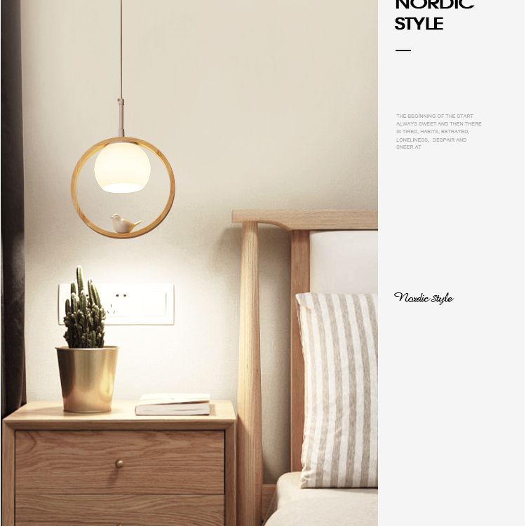 1 Luz de colgante ligero Lámpara de colgante de madera natural redonda contemporánea con pájaro pequeño