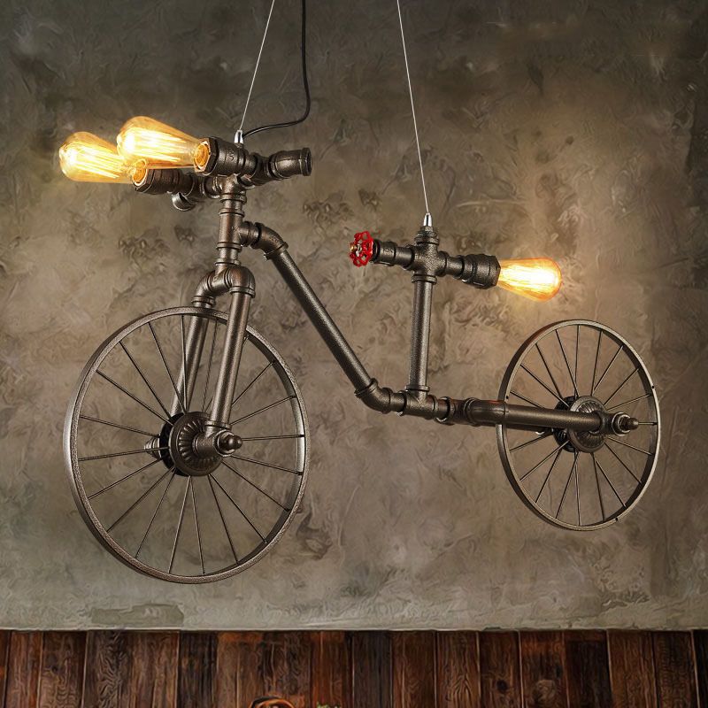 Iluminación colgante en forma de bicicleta de bronce estilo de metal antiguo 3 luces de techo interior con diseño de tubería
