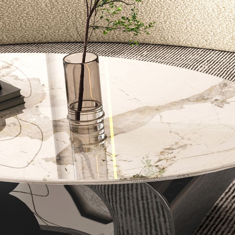 Elliptical Stone Glam Abstract Coffee Cocktail Table with Floor Shelf