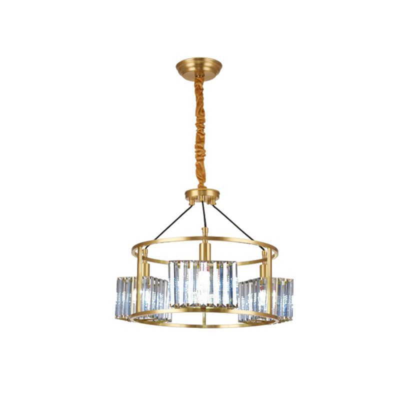 Modern Circular Pendant Chandelier 3-Bulb Crystal Block Hanging Ceiling Light in Brass