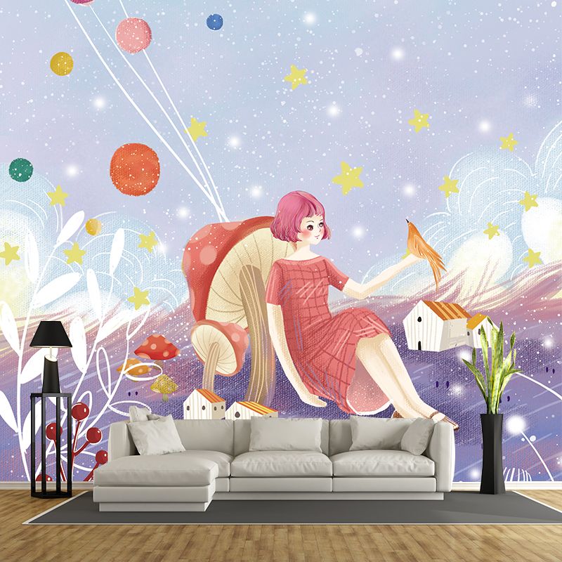 Whole Kids Style Mural Wallpaper Purple-Blue Girl Sit Against Mushroom Wall Art, Optional Size