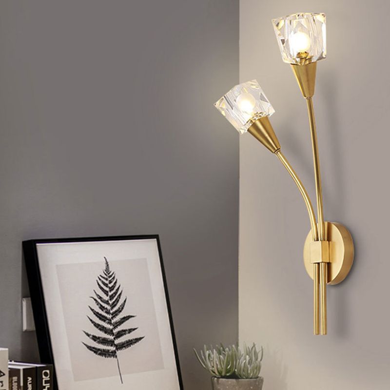 Faceted Crystal Bud Wall Mount Light Contemporary 2 Lights Brass Sconce Light for Bedroom