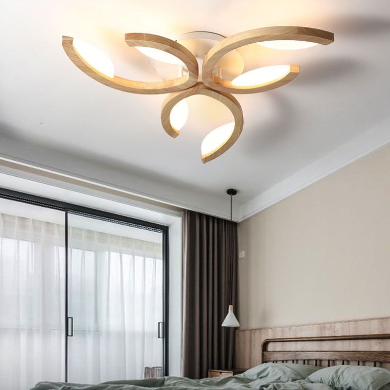 Multi Light Floral LED Ceiling Lamp Modern Fashion Wood Semi Flush Mount Light for Living Room