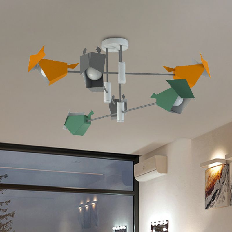 Metal Bird-Like Semi Flush Light Fixture Cartoon 6 Lights Grey-Yellow-Green Ceiling Mounted Lamp