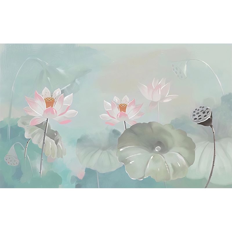Fresh Lotus Wall Covering Pink and Green Gallery Mural Wallpaper, Custom-Printed