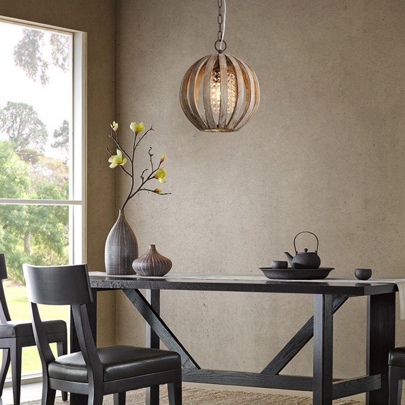 Houten bol hanglamp vintage 1-licht eetkamer hangend licht met kristallen kralen