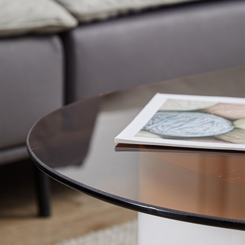 Modern Oval Glass Top Coffee Table with White Wooden Base Cocktail Table