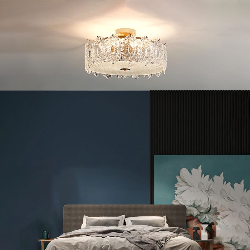 Drum Semi Flush Mount Lamp Glass Minimalist Style Ceiling Mount Light in Gold for Bedroom