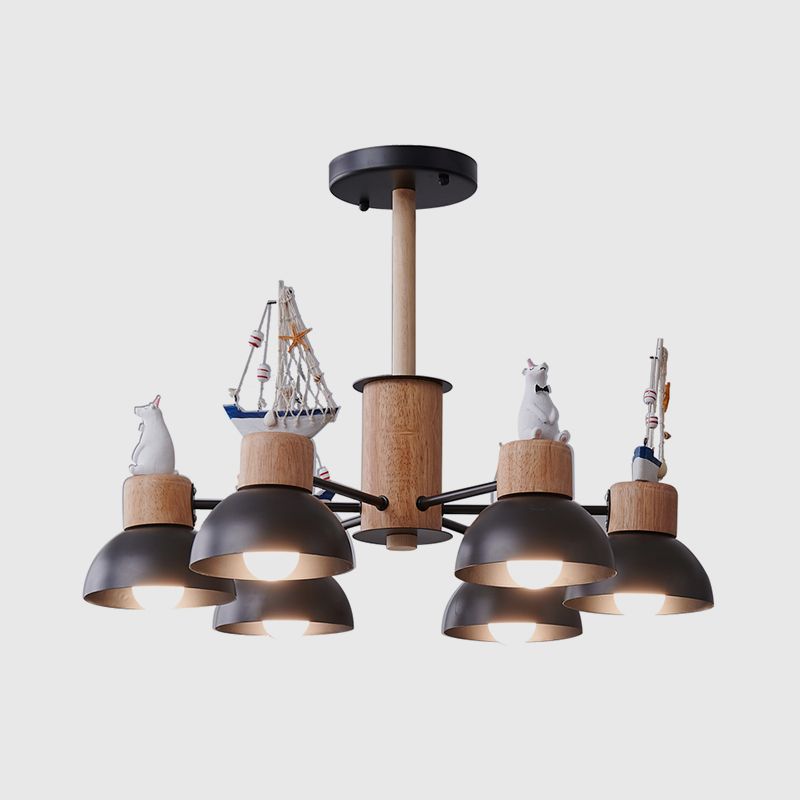 Dome Metallic Chandelier Lighting Cartoon 6 Bulbs Black/White Hanging Ceiling Light with Bear and Ship Design