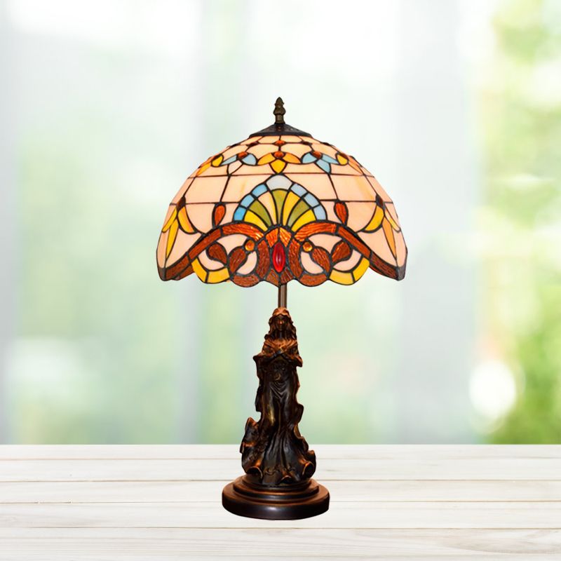 Beige/Blue Stained Glass Dome Table Light Tiffany Style 1 Bulb Bronze Nightstand Lamp with Angel Decoration