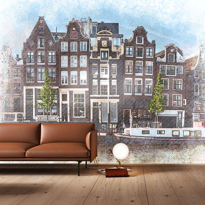 City Illustration Wall Mural Decal for Meeting Room, Moisture Resistant