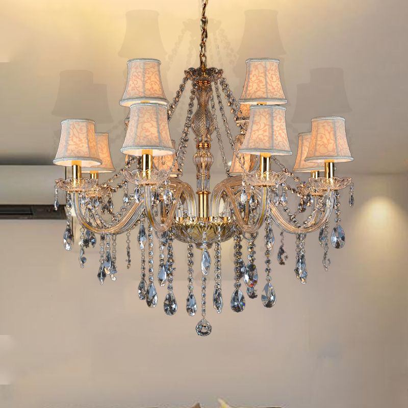 Armed Clear K9 Crystal Pendant Chandelier Rustic 6/8/10 Heads Beige Hanging Ceiling Light with Flared Fabric Shade