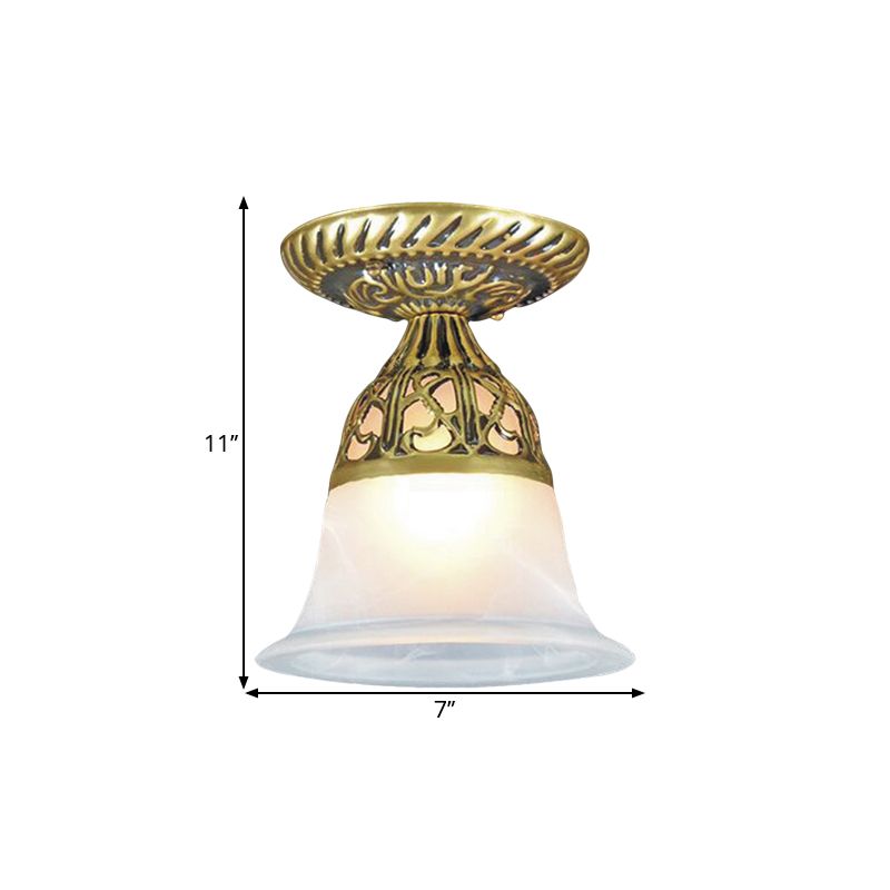 Bell Shape Hallway Flush Mount Lamp Farmhouse Frosted Glass 1-Head Brass Ceiling Light Fixture