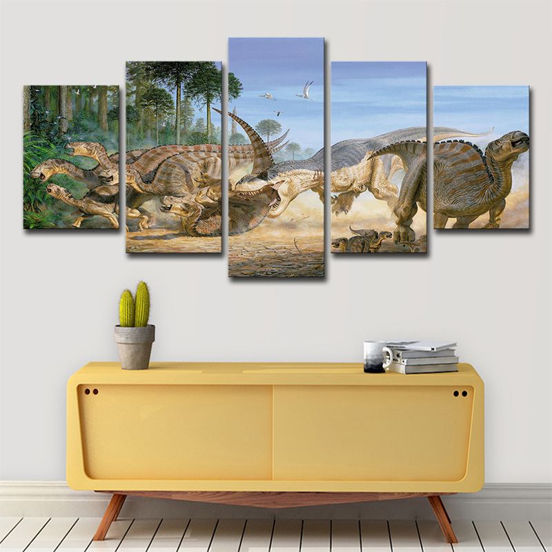 Science Fiction Dinosaur Wall Art Yellow Multi-Piece Canvas Print for Boys Bedroom
