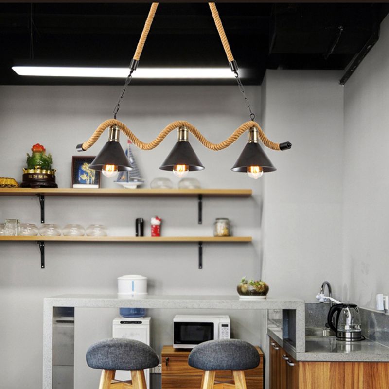 Hemp Rope Island Ceiling Light Vintage Style Restaurant Island Chandelier Light with Cone Metal Shade