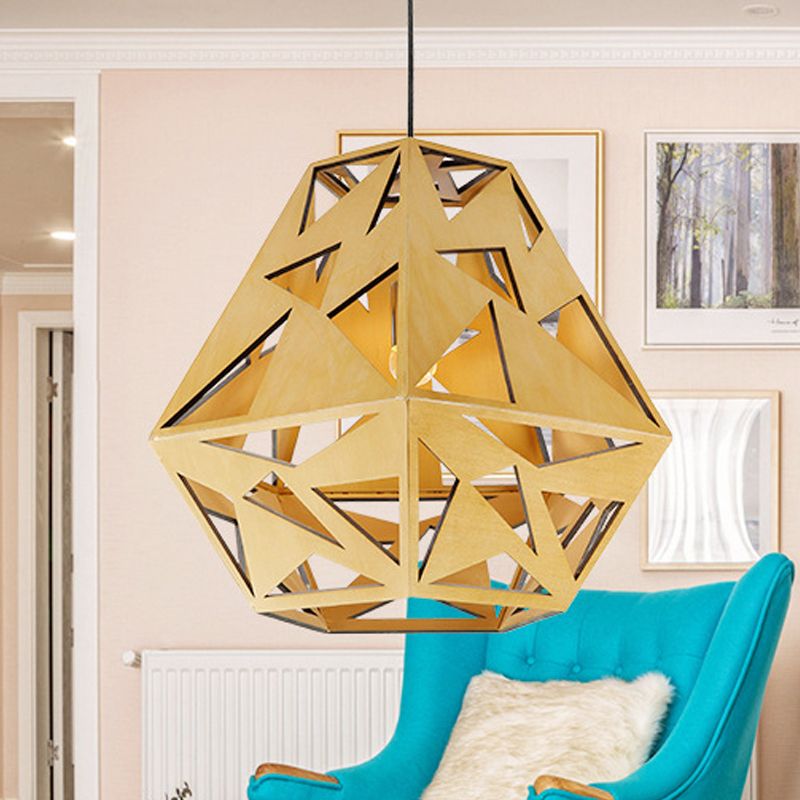 Triangle Cutout Hanging Light Fixture Asia Wood 1 Bulb Dining Room Ceiling Suspension Lamp in Beige