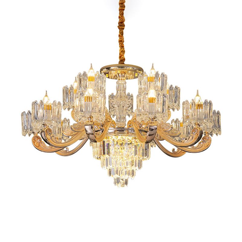 Cylindrical Shaped Living Room Chandelier Light Retro Clear Glass Gold Pendant Light with Layered Crystal Decor