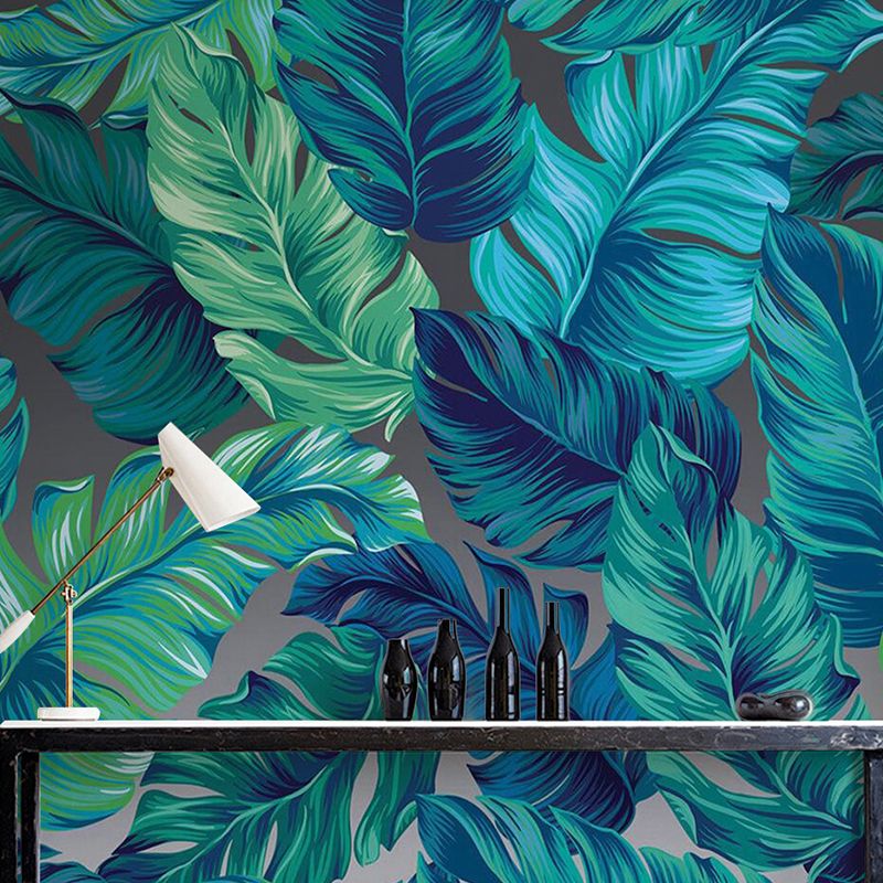 Whole Illustration Minimalist Wall Mural for Home Decoration with Banana Leaves in Green and Blue