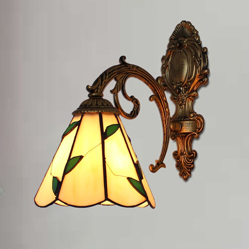 Leaf Corridor Sconce Light with Carved Base Glass 1 Light Tiffany Wall Sconce in Beige