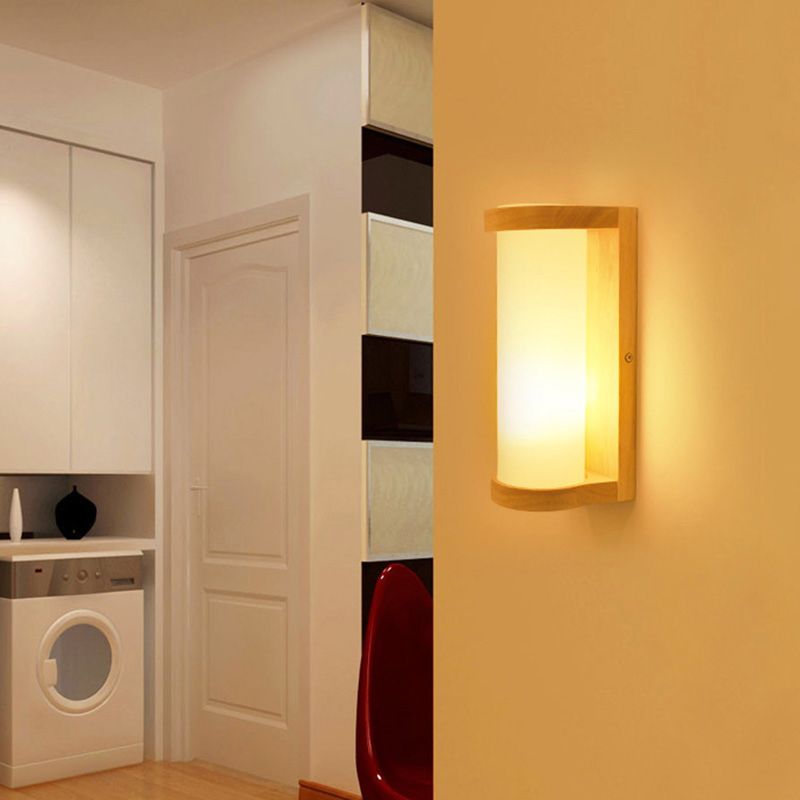 Japanese Cylinder Wall Sconce Lamp White Glass Single Bedside Wall Lighting Fixture