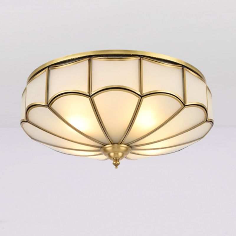 Flush Mount Ceiling Fixture Traditional Bedroom Flush Ceiling Light Fixture with Flower Glass Shade in Brass