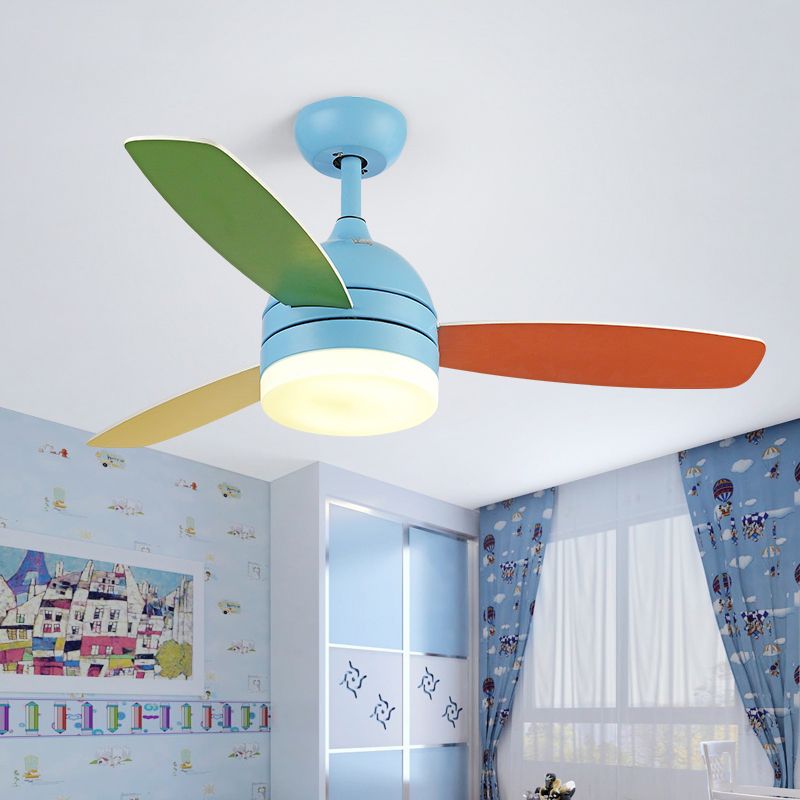 Dome Pendant Fan Lighting Kids Acrylic LED Pink/Blue Semi Flush Mount Light with 3 Colorful Blades for Bedroom, 39" Wide