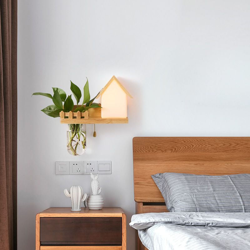 Beige piccola casa da parete 1 luce leggera adorabile luce di legno con scaffale per la camera da letto dei bambini