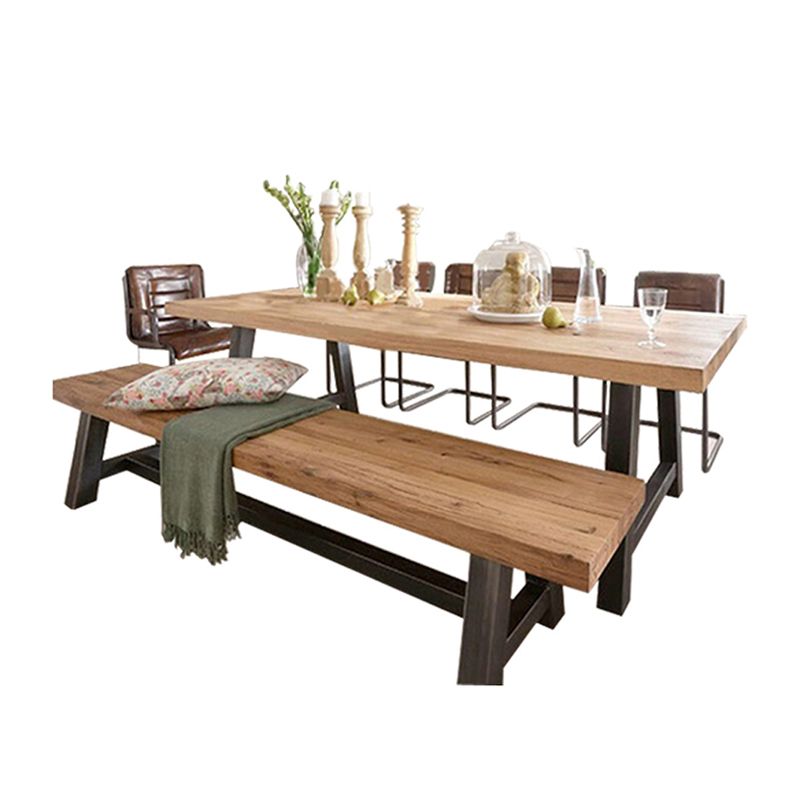Solid Wood Top Dining Table Industrial Rectangle Table with Trestle Base in Black