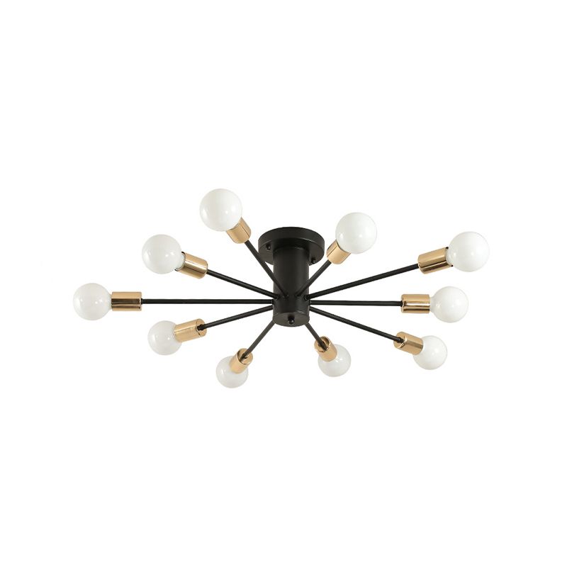 6/8 Heads Bare Bulb Semi Flush Mount Light Vintage Style Black/White Metallic Ceiling Light Fixture for Kitchen