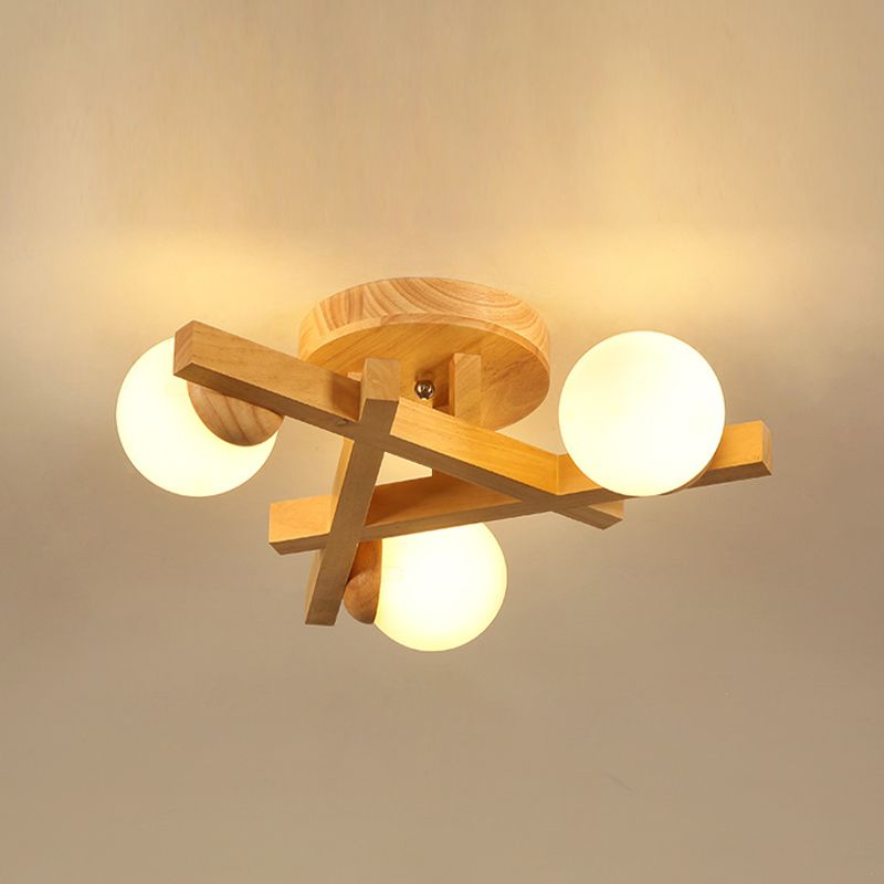 Luminaire semi-encastré en bois moderne, lampe semi-encastrée à plusieurs têtes pour chambre à coucher avec abat-jour en verre globe