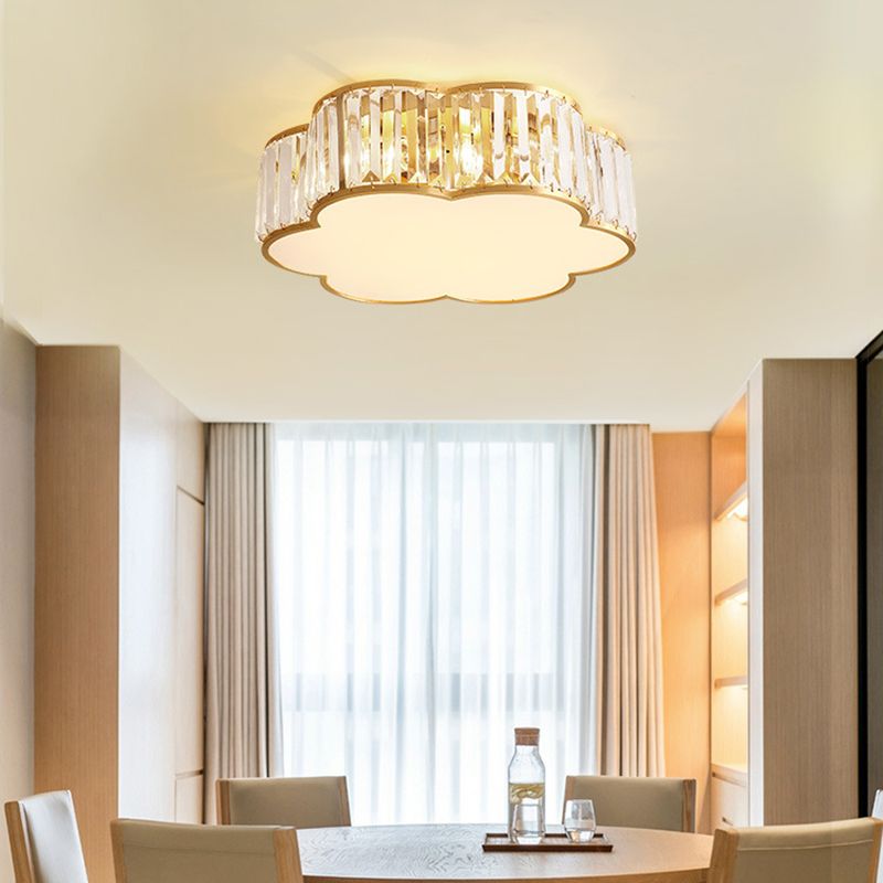 Plafonnier d'intérieur en cuivre à montage encastré pétaloïde de luxe colonial avec abat-jour en cristal