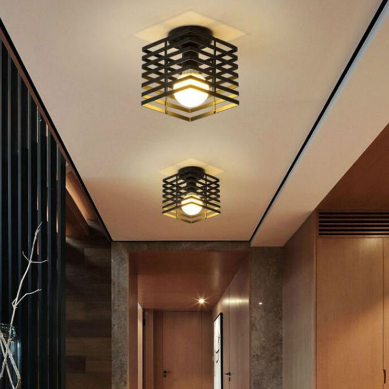 Lampada da incasso per corridoio a gabbia rettangolare nera industriale con montaggio a soffitto in ferro a 1 lampadina