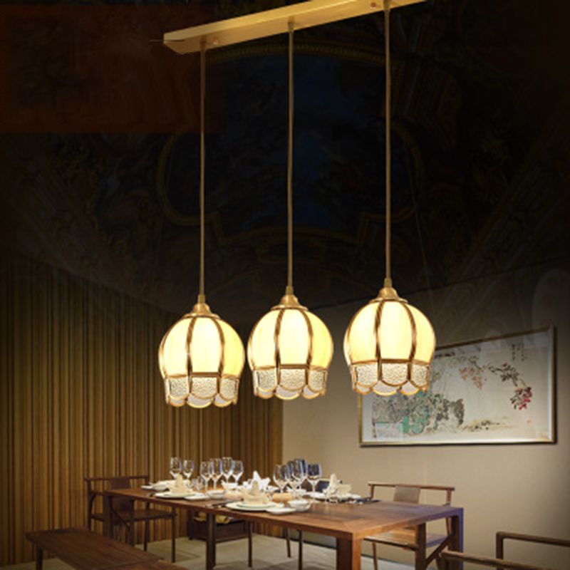 3 Heads Dome Shaped Multi Ceiling Lamp Simplicity Gold Ripple Glass Suspension Light Fixture