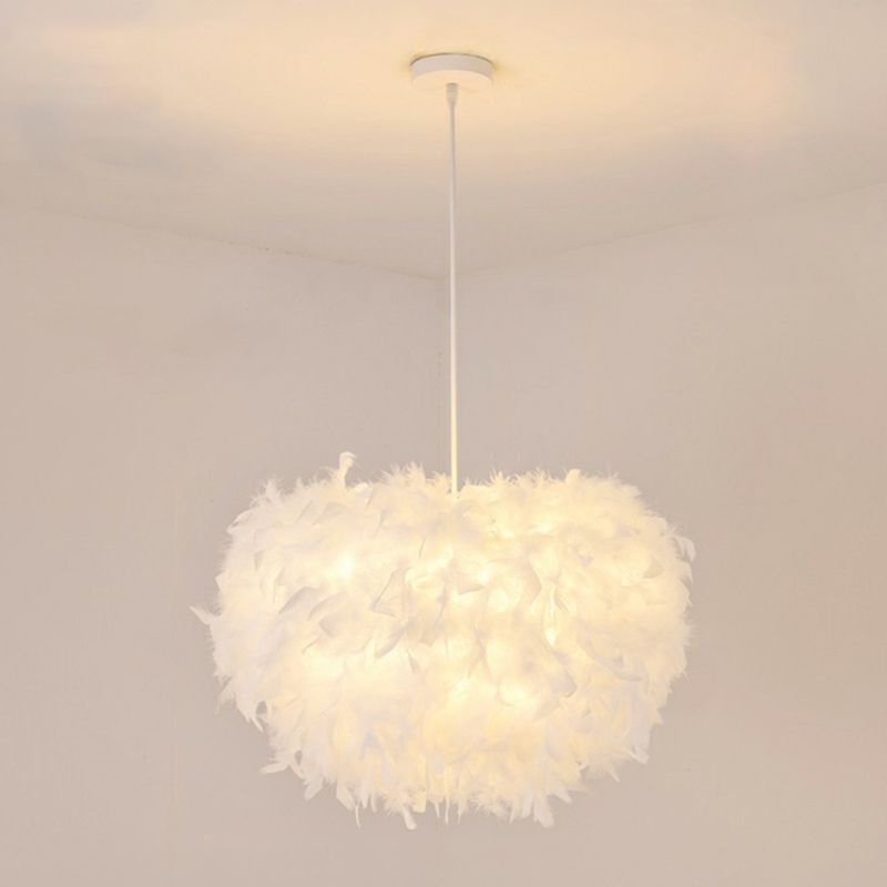 Minimalistic Hemisphere Suspension Light Feather Living Room Pendant Light Fixture in White