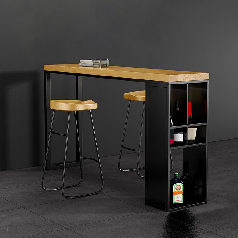 Natural Solid Wood Pub Table Pedestal Rectangle Bar Height Table with Shelves