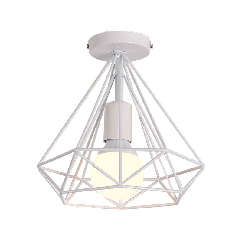 Plafonnier Semi-affleurant à 1 tête, style industriel, Cage en diamant, luminaire de plafond métallique, noir/blanc, pour chambre à coucher