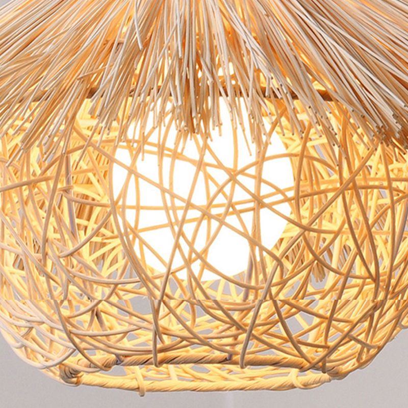 Beige Nest Suspension Pendant Light Asia-Style Rattan Pendant Light Fixture for Restaurant