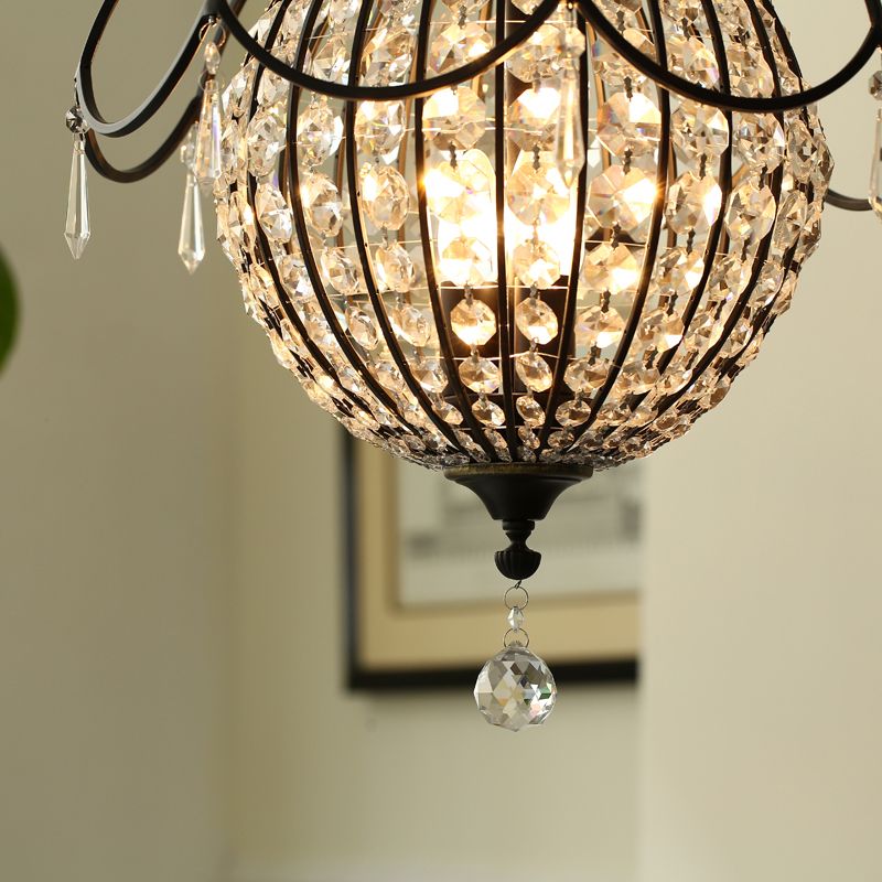 Pineapple Crystal Pendant Chandelier Vintage 3-Light Black Hanging Lamp for Dining Room