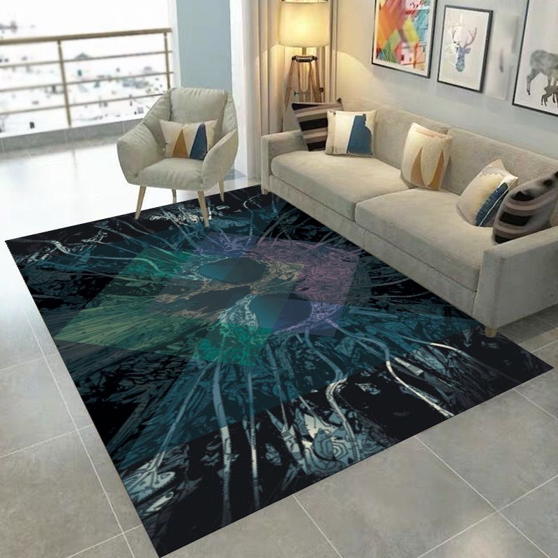 Modern Living Room Rug in Black Skull Diamond Print Rug Polyester Anti-Slip Pet Friendly Area Rug
