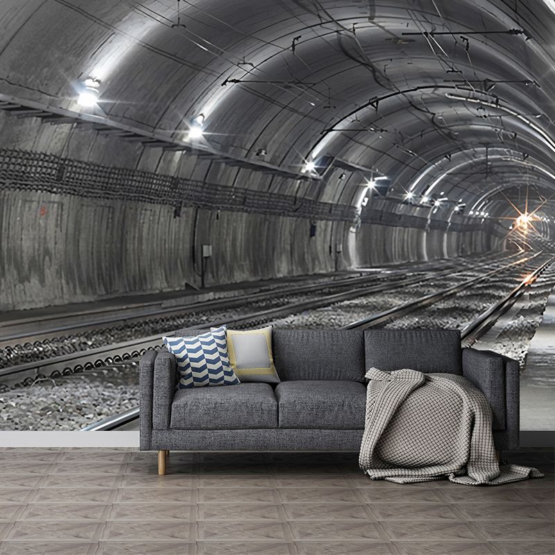 Giant Mural Wallpaper with Industrial 3D Tunnel and Rail Wall Art in Dark Color