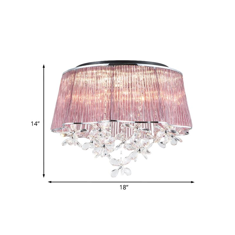 Crystal Rods Pink Ceiling Lamp Scalloped Drum Shade 3-Light Modernist Flush Mount Light mit Blume Tropfen