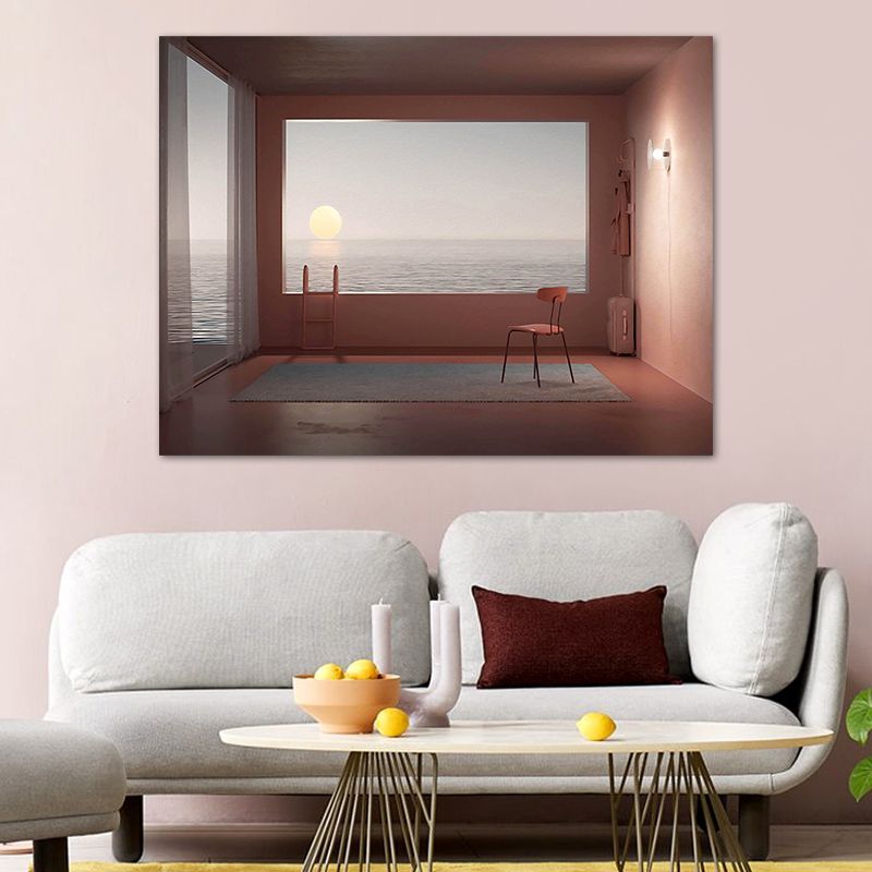 Minimalism Canvas Print Dark Color Mixed Media Empty Room with Sea View Wall Art for Home