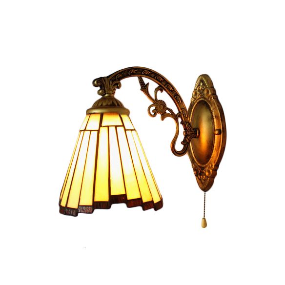 Mission Style Mini Wall Sconce Stained Glass 1 Light Wall Mounted Lamp with Curved Arm in Beige