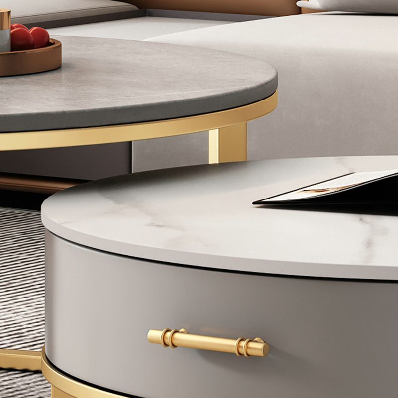 Slate Top Coffee Table Set Round Frame Cocktail Table with Storage Drawers