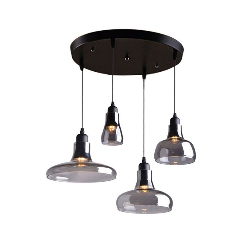 4 Lights Round/Linear Canopy Multi Pendant with Different Shade Smoked Glass Modern Dining Room Hanging Ceiling Light