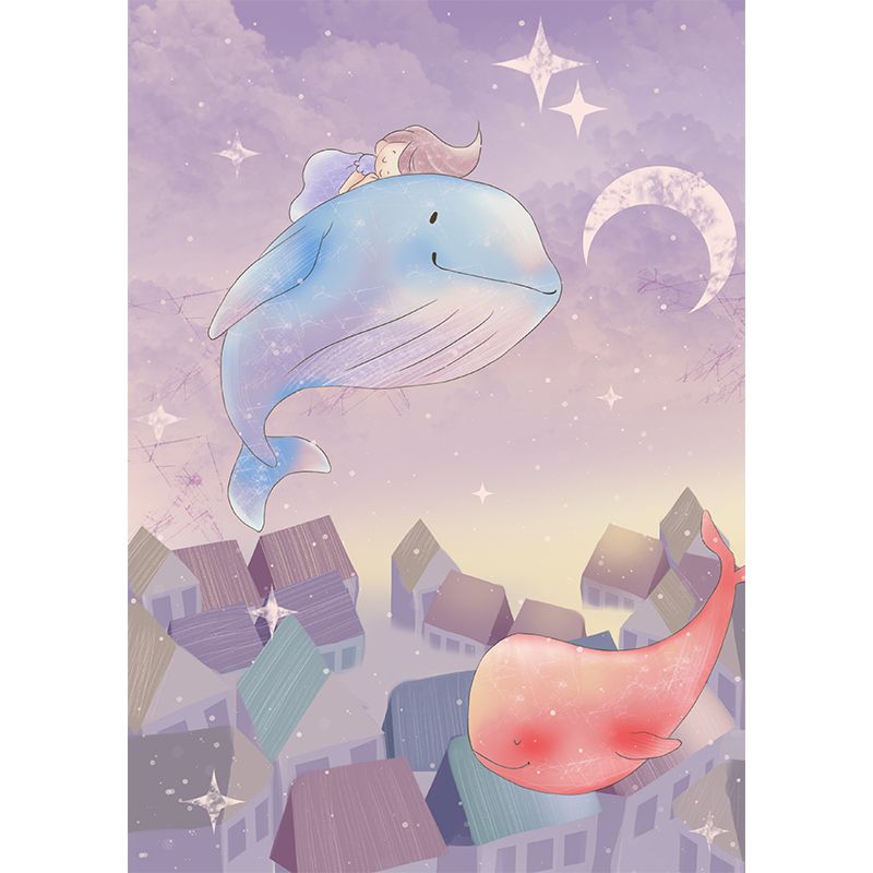 Dreamy Girl Riding Whale Mural for Bedroom Cartoon Wall Decor, Personalized Size